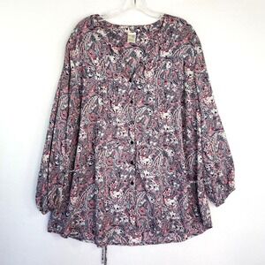 Terra & Sky Paisley Blouse‎ Womens Plus 1X Blue Sapphire Office Interview Boho